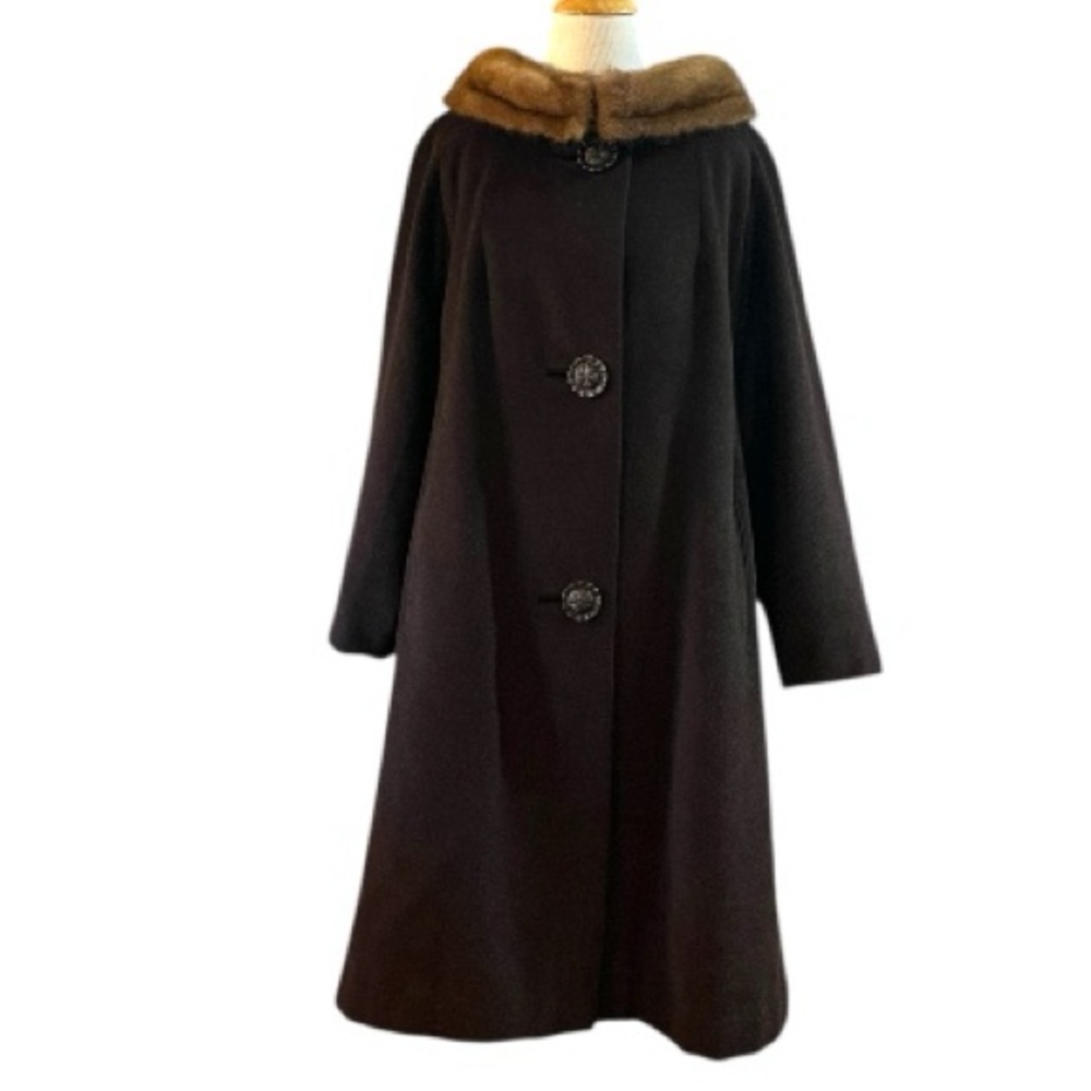 VINTAGE 60S HOCKANUM WOOL AND FUR TRIM UNION MADE SWING COAT DARK BROWN SIZE M